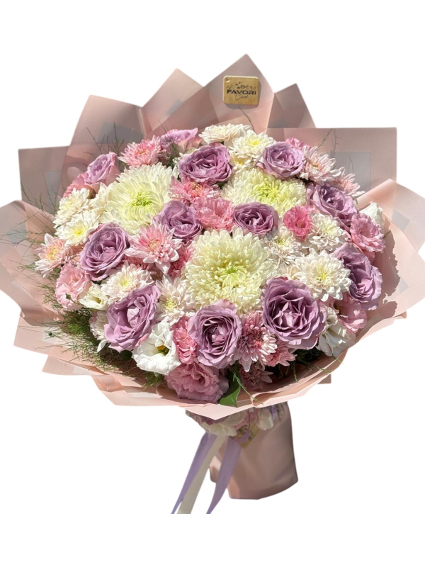 Beyaz Krizantem & Lila Gül Buketi