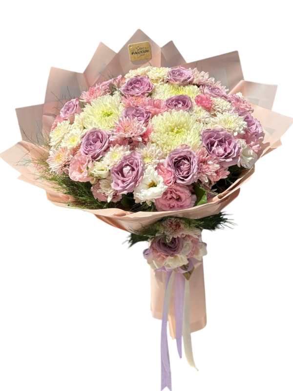 Beyaz Krizantem & Lila Gül Buketi