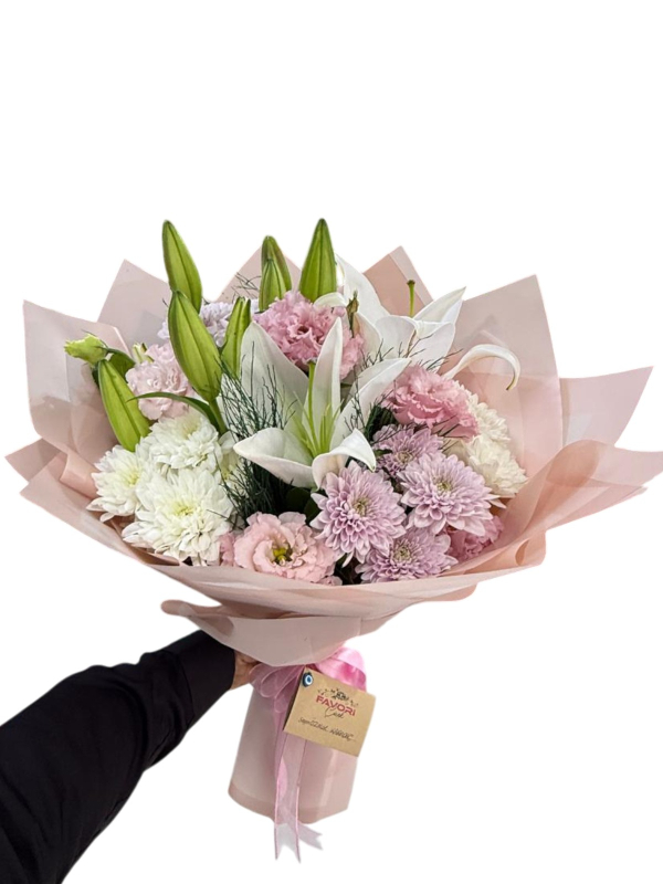 Beyaz Lilyum ve Pembe Kasımpatı Buketi