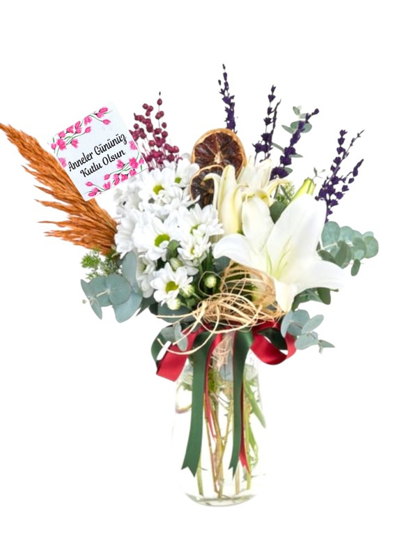 Cam Vazoda Lilyum, Papatya ve Lavanta Aranjmanı