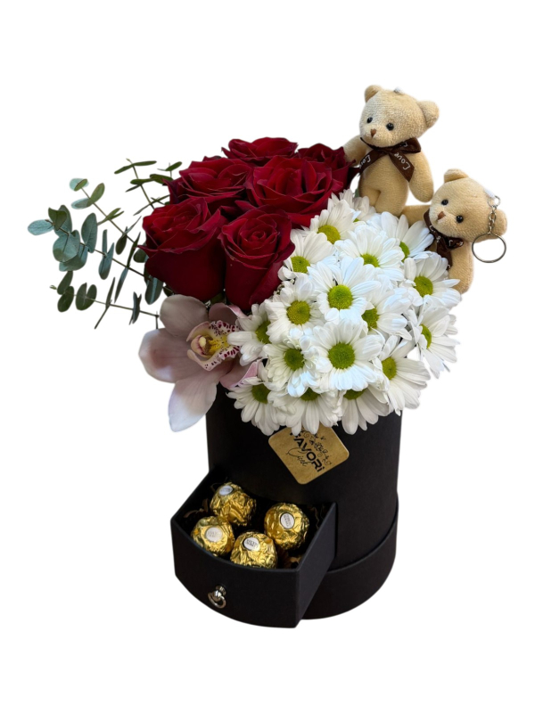 Çekmeceli Siyah Kutuda Gül, Papatya & Orkide