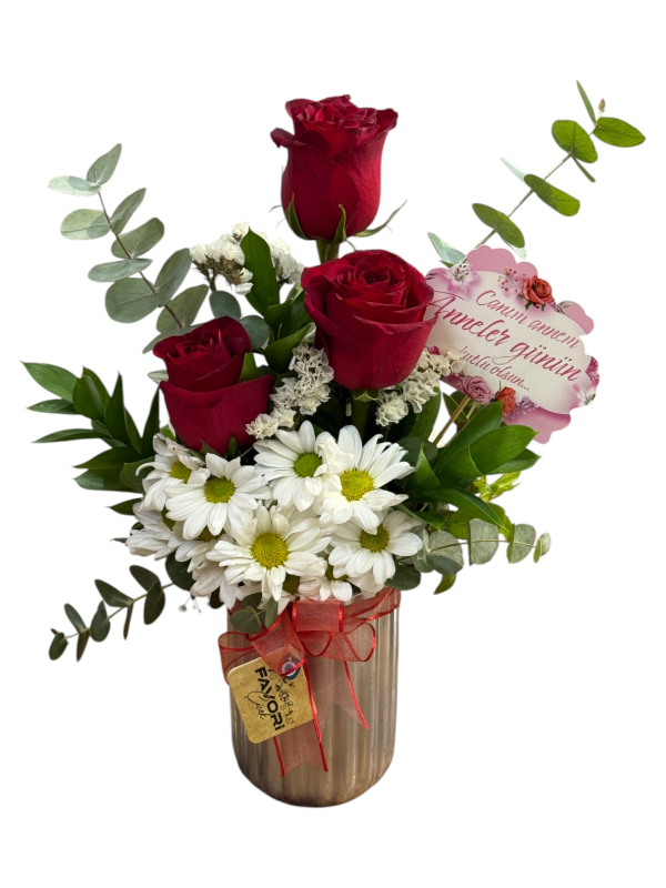 Vazoda Kırmızı Gül ve Papatya Aranjmanı