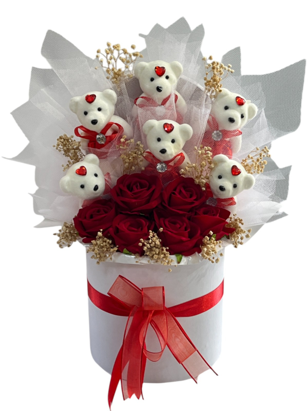 Kutuda Yapay Gül ve Ayıcık Aranjmanı