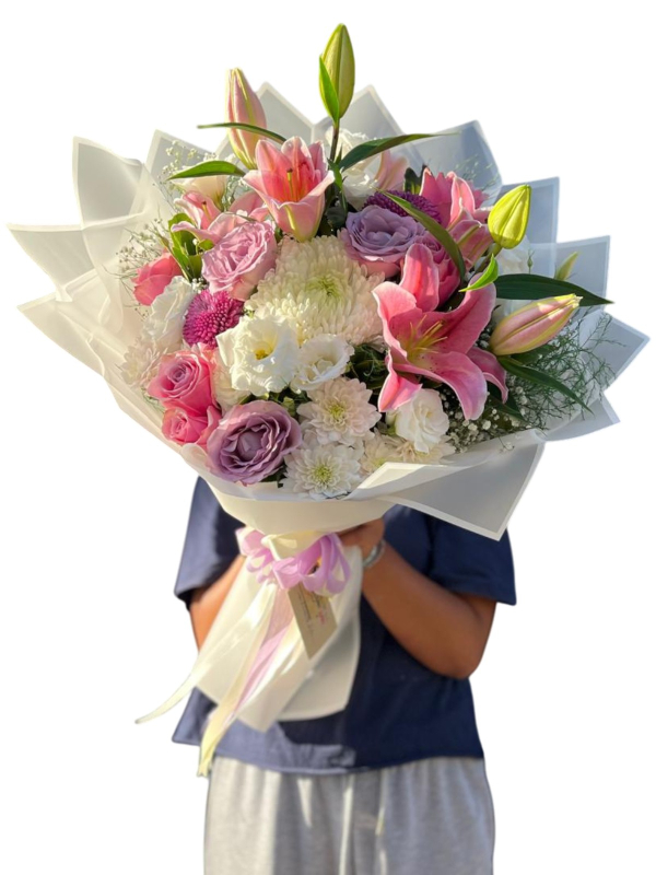 Pembe Zambak & Lila Gül Premium Buket