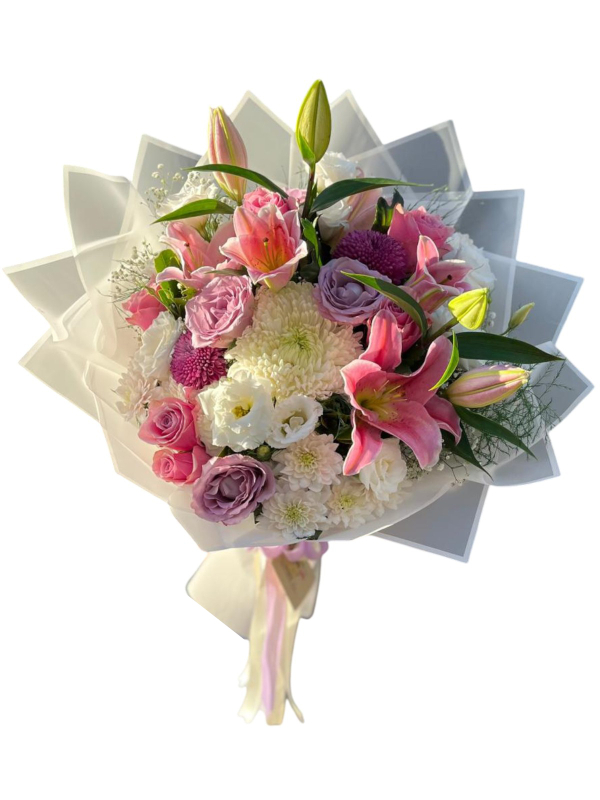 Pembe Zambak & Lila Gül Premium Buket