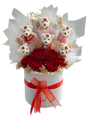 Kutuda Yapay Gül ve Ayıcık Aranjmanı