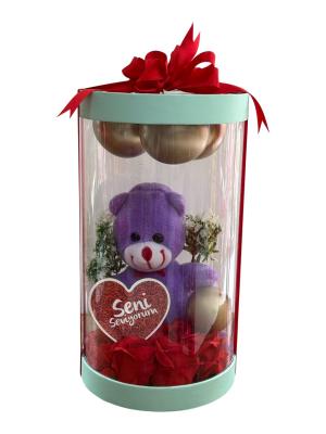 Mint Kapaklı Şeffaf Silindir Kutuda Mor Ayıcık