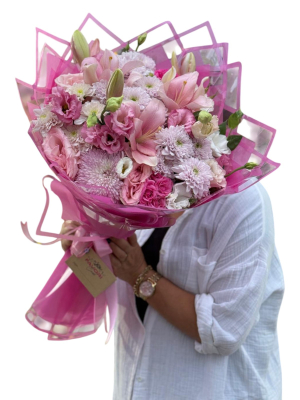 Pembe Lilyum&Krizantemlerle Fuşya Premium Buket