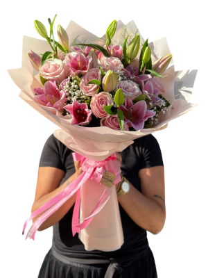 Pembe Lilyum & Pembe Gül Aşk Buketi