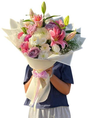 Pembe Zambak & Lila Gül Premium Buket